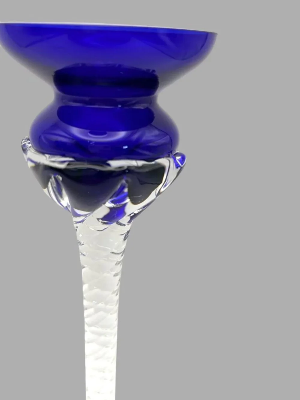 Vintage Romanian Hand Blown Art Glass Cobalt Blue Twist Stem Candle Holders Pair